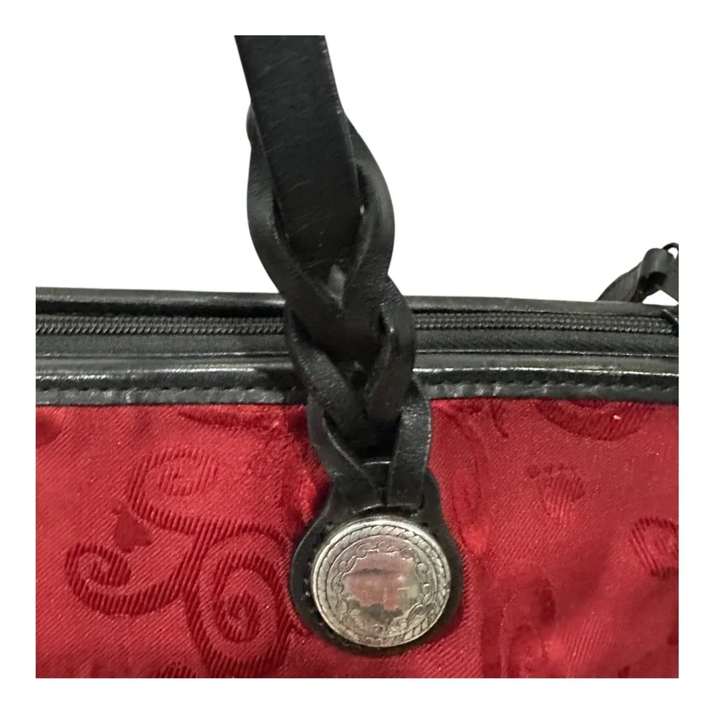 Brighton Red Jacquard Scroll Tote Bag Black Leather Trim Silver Buttons C798985